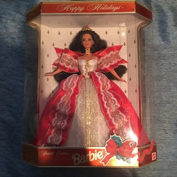fitted lace wedding dress 2023 Holiday Barbie (with Golden Gown and Light Brown Hair) Doll main image 1